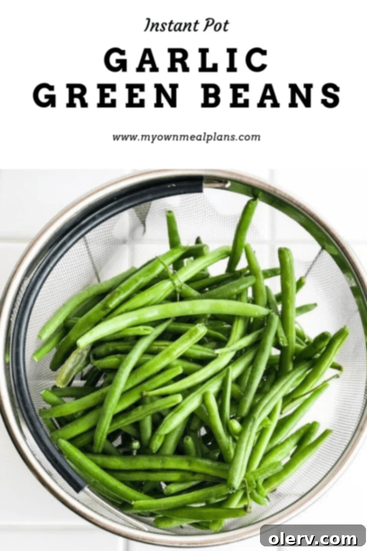Quick Instant Pot Garlic Green Beans 5 Pinterest graphic for Instant Pot Garlic Green Beans recipe, showing cooked beans