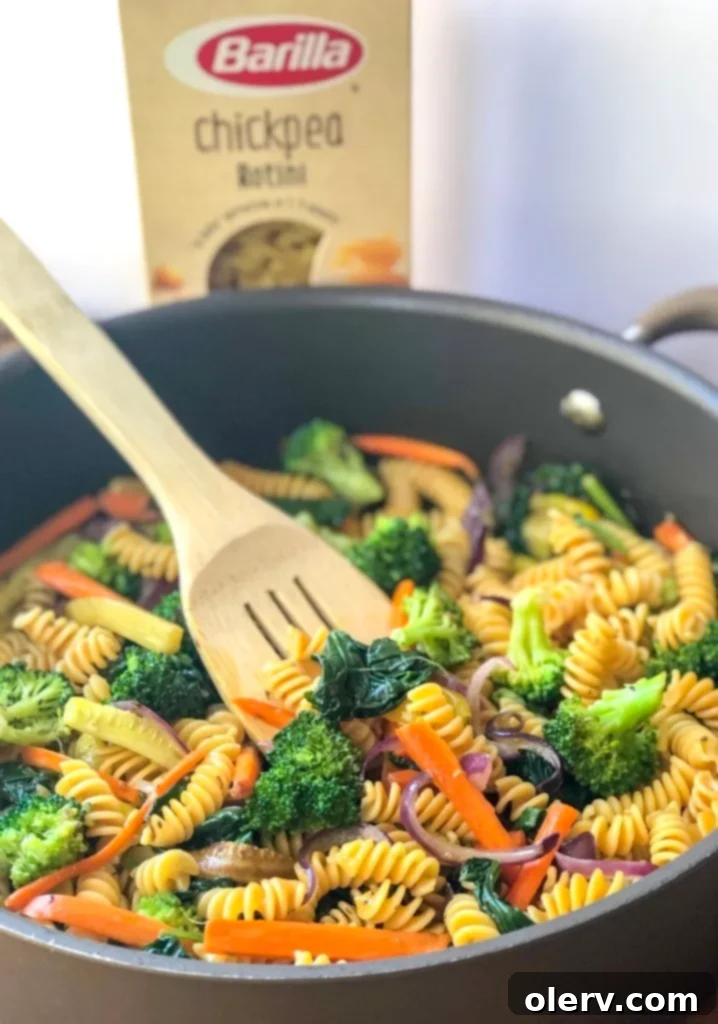 Pasta Primavera with chickpea rotini ready for Pinterest.