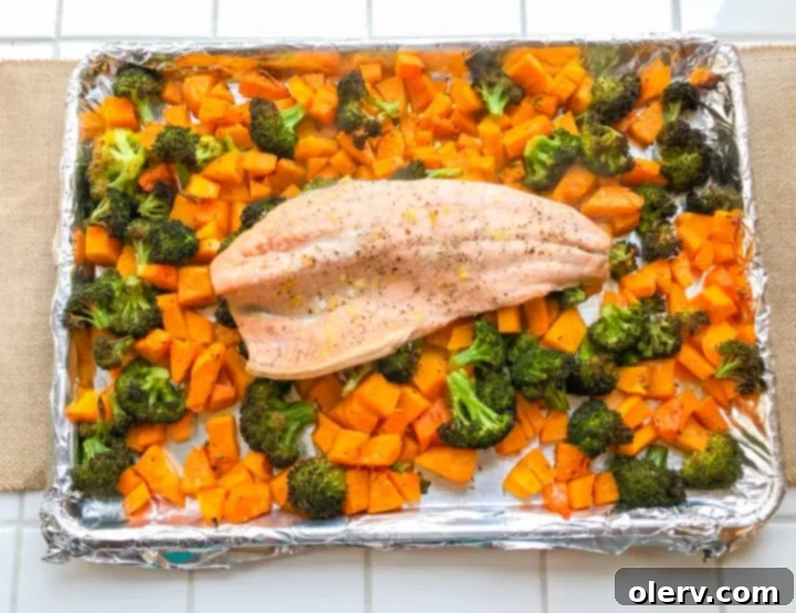 Savory Baked Salmon, Roasted Butternut Squash, and Broccoli 5 Broccoli florets and butternut squash cubes seasoned and ready for the oven.