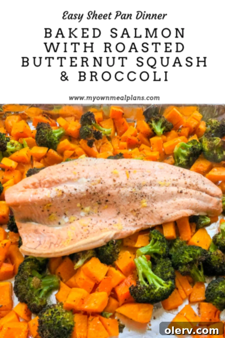 Pinterest graphic for Baked Salmon with Roasted Butternut Squash & Broccoli recipe.