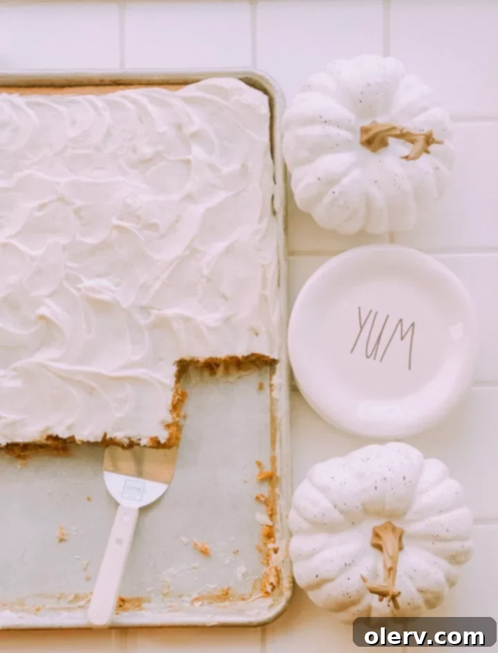 Spiced Pumpkin Sheet Cake with Cream Cheese Frosting 6 Overhead shot of an entire Pumpkin Sheet Cake, frosted and ready for cutting.