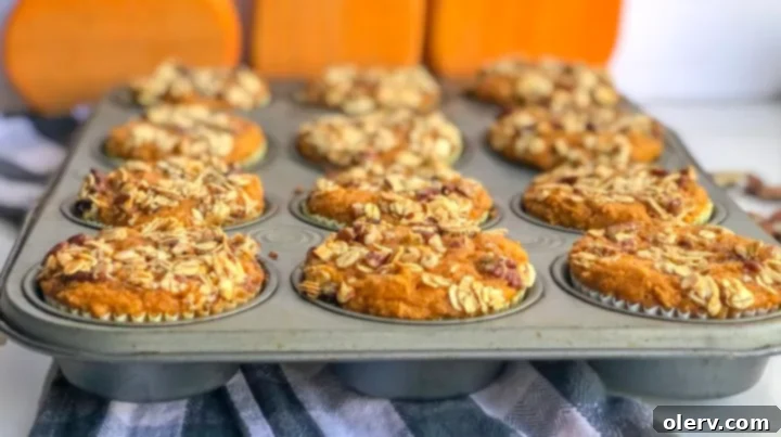 Wholesome Pumpkin Spice Muffins 7 A single healthy pumpkin muffin with crumble on a plate