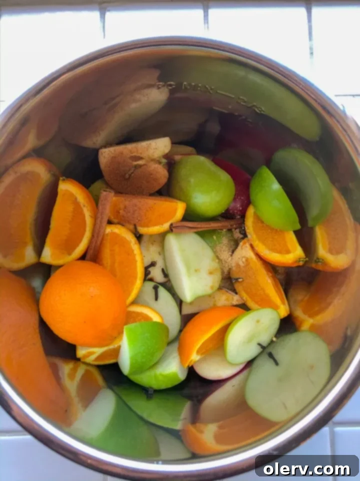 Instant Pot Holiday Magic 13 All ingredients for apple cider placed inside an Instant Pot.
