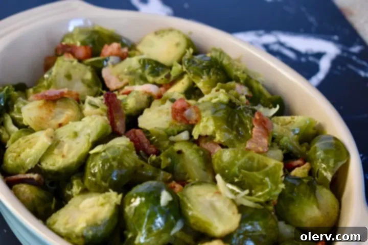 Effortless Instant Pot Bacon Brussels Sprouts 4 Close-up of Instant Pot Bacon & Brussels Sprouts, perfectly cooked and seasoned