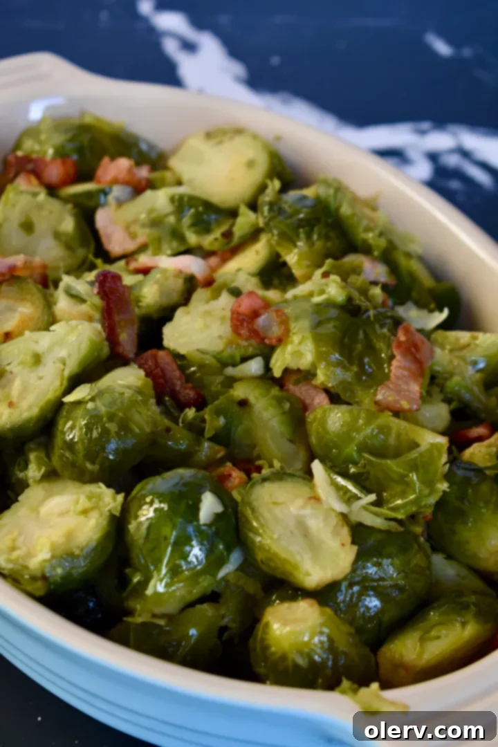 Instant Pot Bacon & Brussels Sprouts serving suggestion with Parmesan cheese