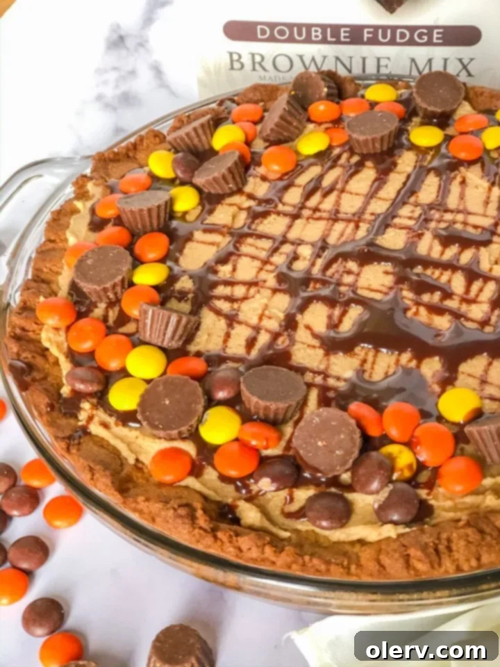 Peanut Butter Brownie Overload Pie 3 Close-up of the Peanut Butter Brownie Explosion Pie, showcasing its layers