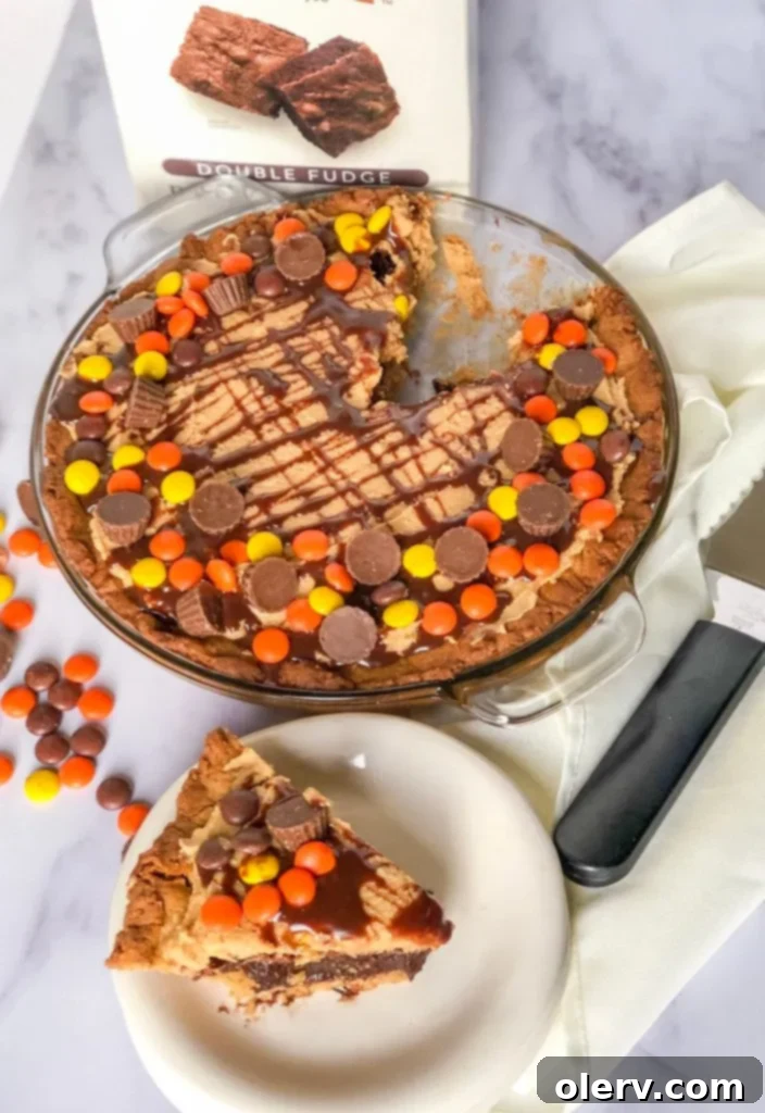 Peanut Butter Brownie Overload Pie 5 Full view of the Peanut Butter Brownie Explosion Pie, garnished and ready to serve