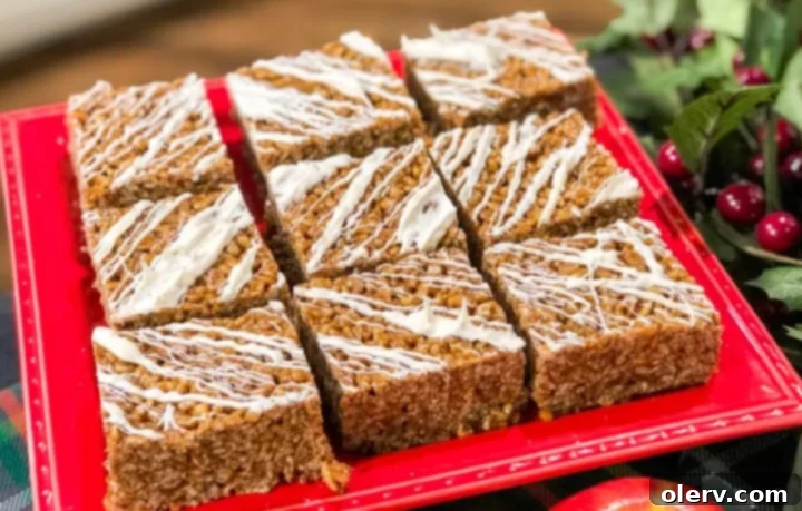 A stack of Gingerbread Rice Krispie Treats ready to be served