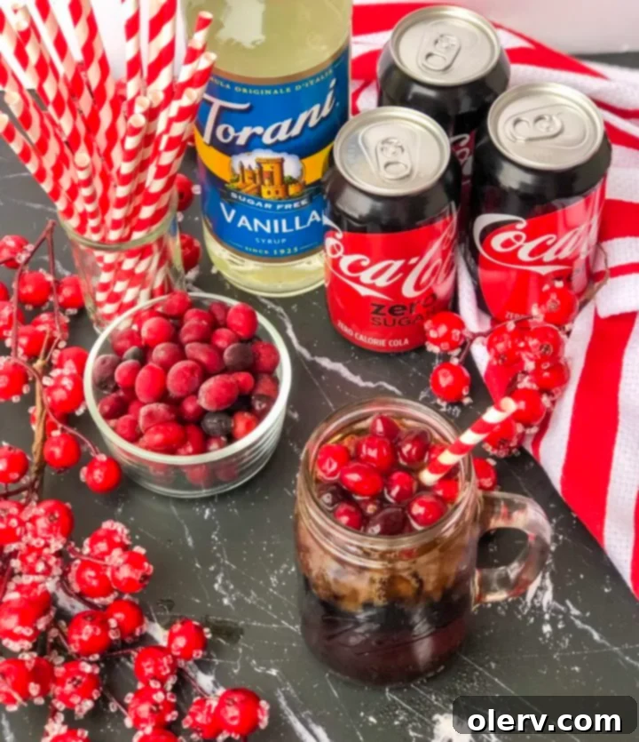 Cranberry Vanilla Cola Swirl 4 Key ingredients for Cranberry Vanilla Coke-Tail: Coca-Cola Zero Sugar, cranberry cocktail, and Torani Sugar Free Vanilla Syrup