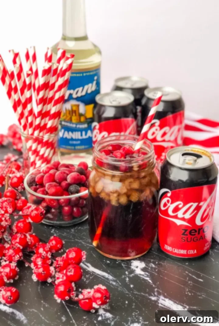 Cranberry Vanilla Cola Swirl 6 Elegant glass of Cranberry Vanilla Coke-Tail with a full view of garnishes and drink