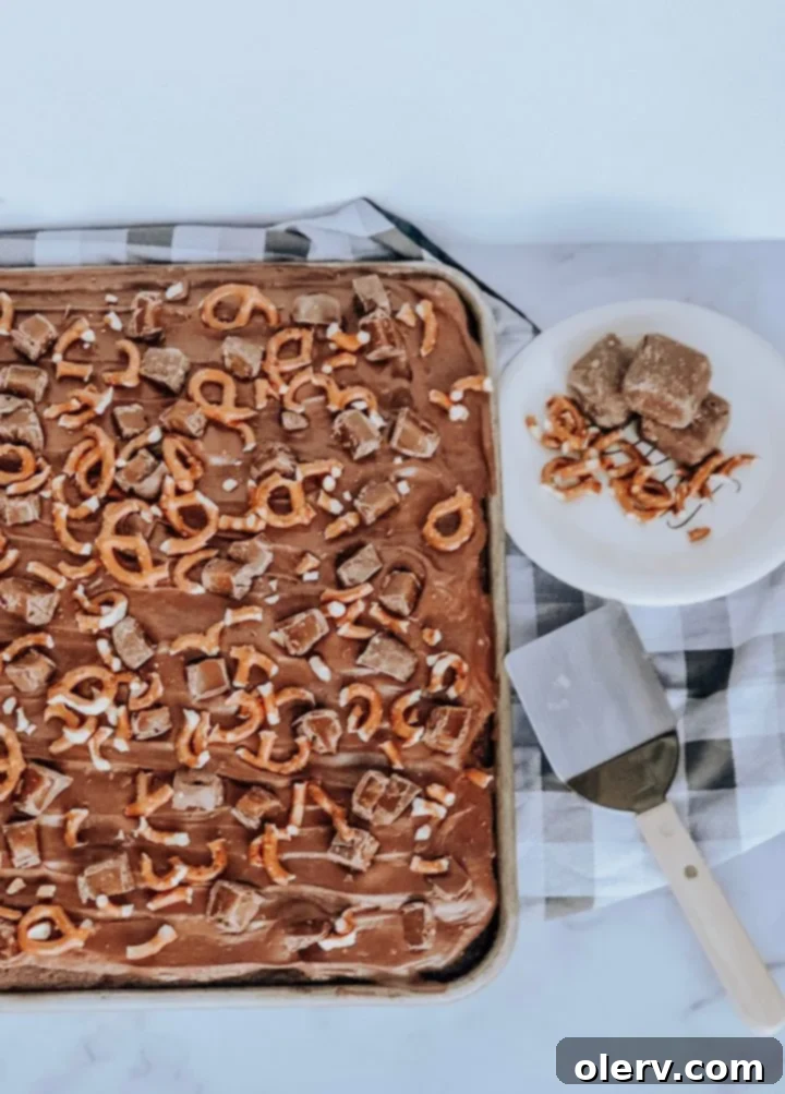 Irresistible Salted Caramel Pretzel Brownies 3 Salted Caramel Pretzel Brownies slices arranged on a platter