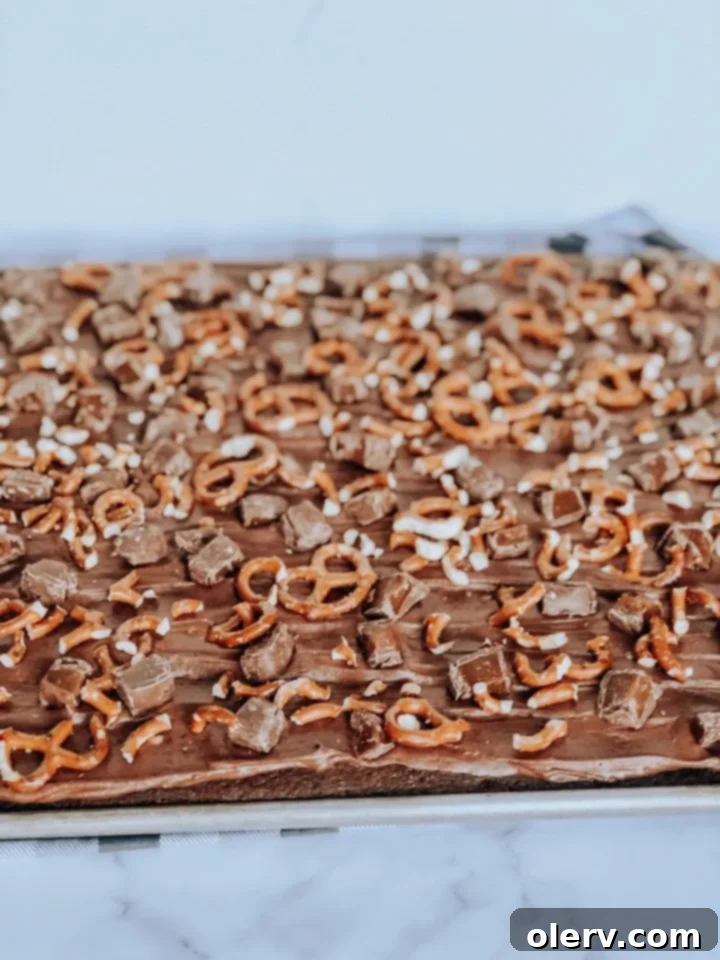 Irresistible Salted Caramel Pretzel Brownies 5 Freshly baked Salted Caramel Pretzel Brownies with frosting and toppings