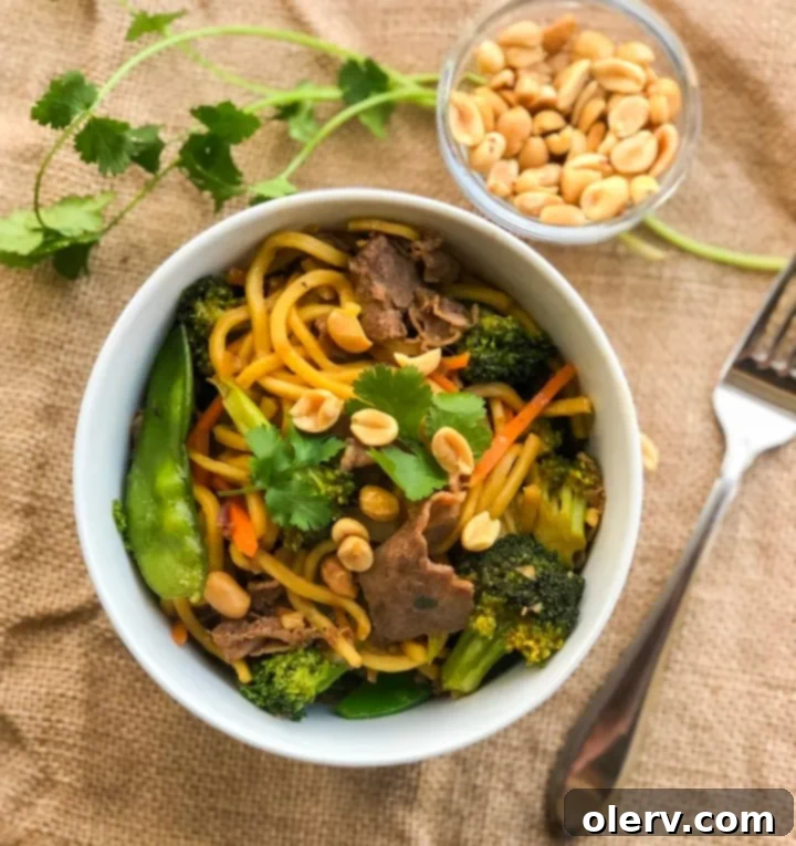 Ultimate Teriyaki Beef Yakisoba 7 A completed bowl of Teriyaki Beef Yakisoba garnished with sesame seeds and cilantro