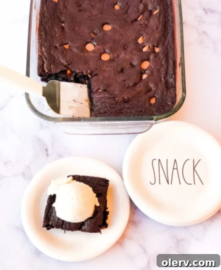 Easy One Bowl Brownies 6 A single serving of one-bowl brownie, topped with a scoop of melting vanilla ice cream.