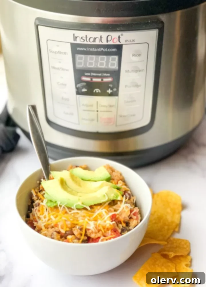 Speedy Savory Instant Pot Chicken Burrito Bowls 2 Instant Pot Chicken Burrito Bowls ready to serve with fresh toppings