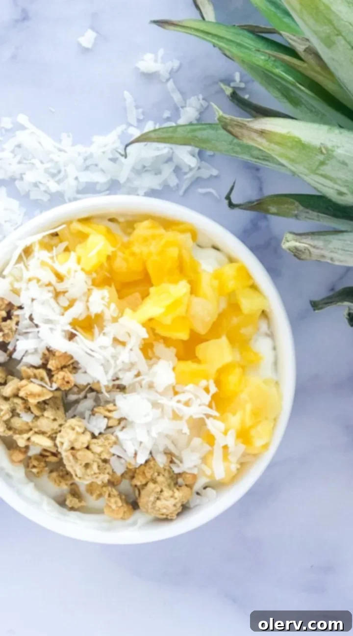 Guilt-Free Pina Colada Parfait 5 Ingredients for Pina Colada Parfait on a wooden board