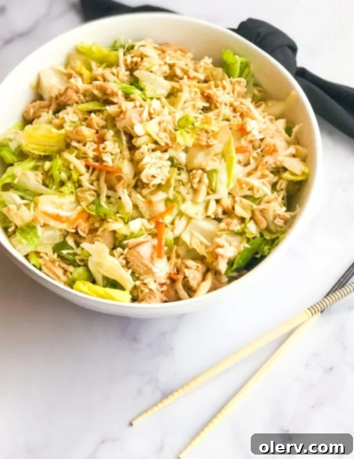 Crispy Ramen Chicken Salad 3 Close-up of a vibrant Chinese chicken chopped salad in a bowl