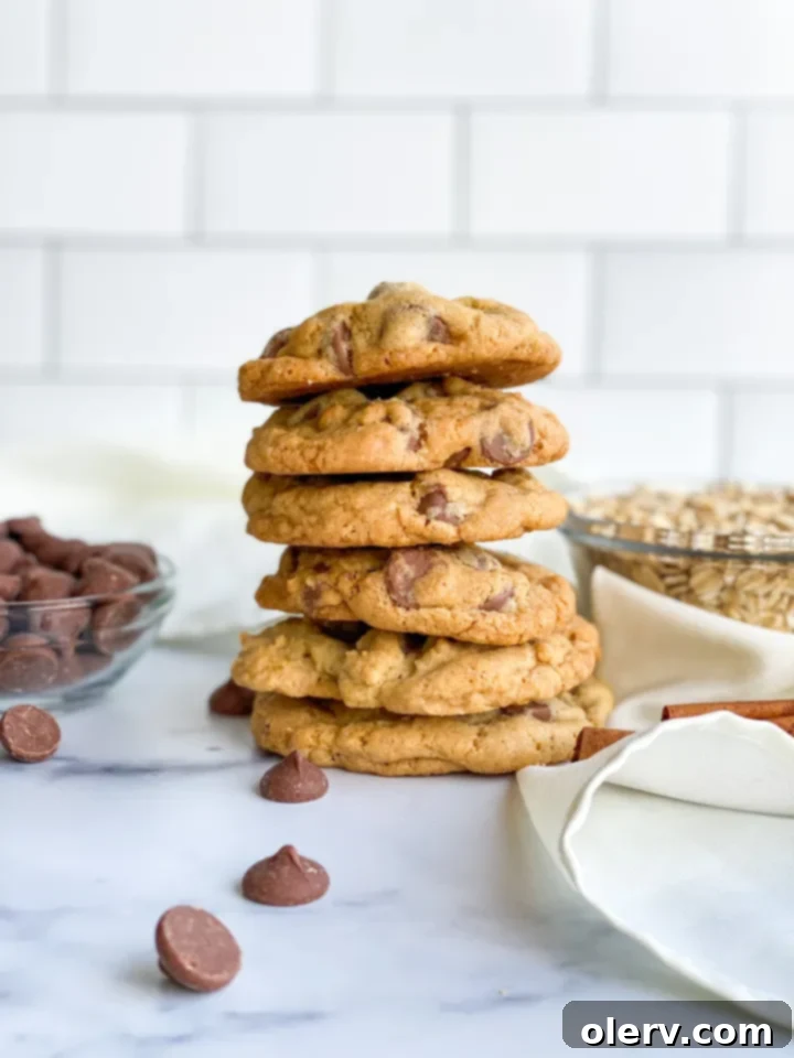 Chewy Oatmeal Chocolate Chip Cookies 6 A fresh batch of oatmeal chocolate chip cookies with perfectly golden edges cooling on a baking sheet, straight from the oven.