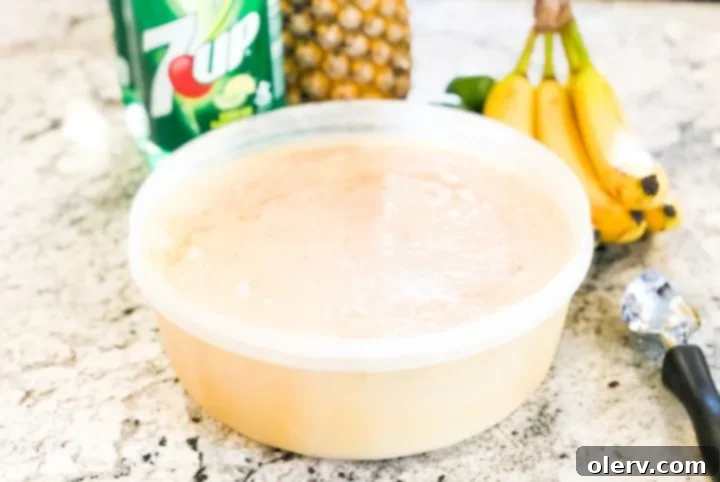 Frozen Banana Delight 4 Ingredients for Frozen Banana Slush laid out on a table: pineapple juice, bananas, orange juice, sugar, water, lemon juice.