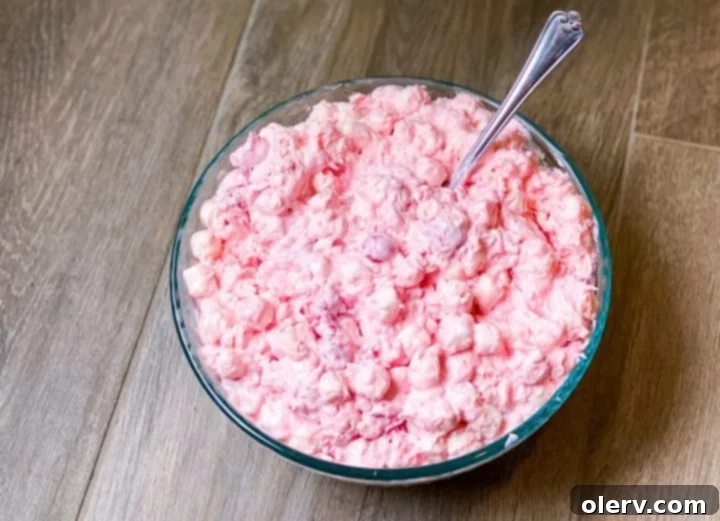 Cherry Cloud Delight 2 Vibrant pink Cherry Fluff Salad in a clear serving bowl, garnished with a single fresh cherry.