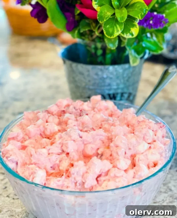 Cherry Cloud Delight 3 A close-up of the creamy, pink texture of Cherry Fluff Salad, showing visible mini marshmallows and pineapple chunks.