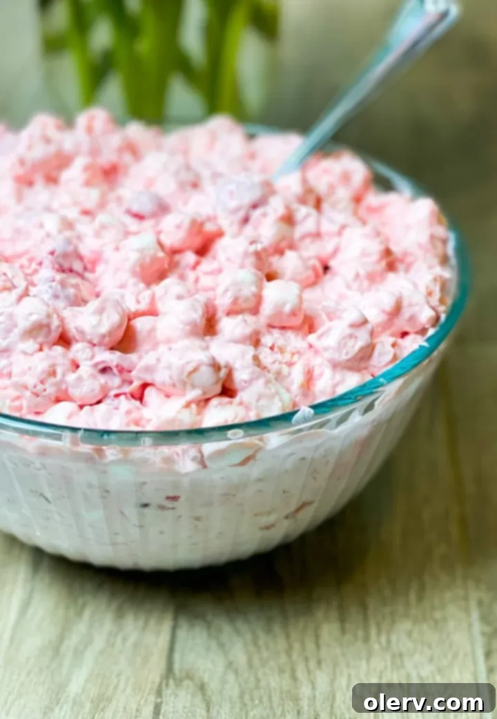 Cherry Cloud Delight 4 A beautifully presented bowl of Cherry Fluff Salad, ready to be served, highlighting its smooth texture and light pink color.