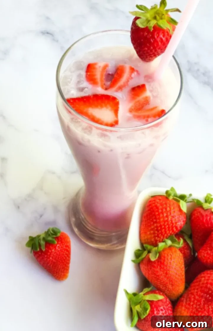 Homemade Pink Drink 5 Ingredients for Pink Drink laid out: juice, coconut milk, syrup, and strawberries