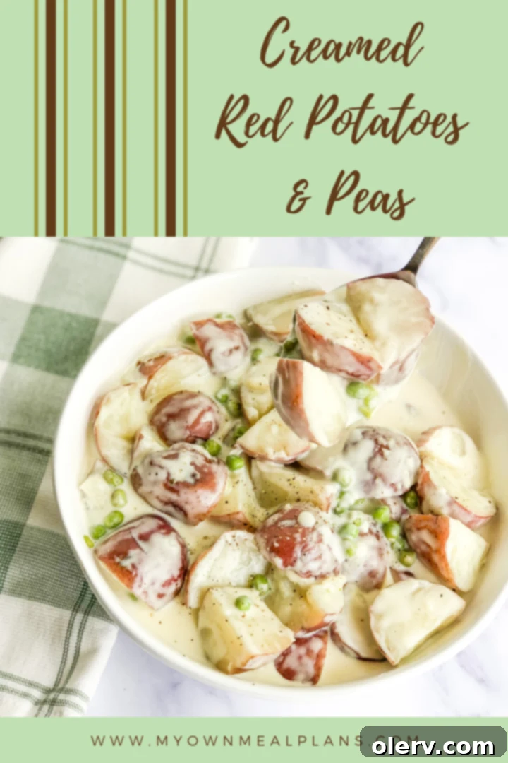 Creamed Red Potatoes and Peas in a bowl on a rustic background