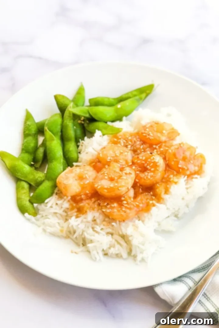 Sweet and Sticky Honey Garlic Shrimp 5 A bowl of honey garlic shrimp served with rice and edamame.