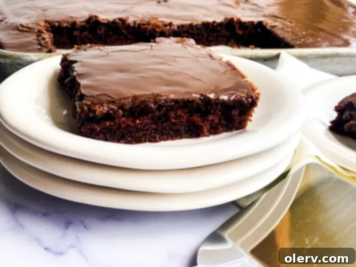 Texas Fudgy Chocolate Slab 2 A generous slice of Chocolate Texas Sheet Cake with a rich, crackly frosting on a white plate, ready to be enjoyed.