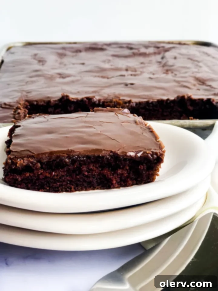 Texas Fudgy Chocolate Slab 5 A large pan of Chocolate Texas Sheet Cake, glistening with a freshly poured, warm chocolate glaze that is just beginning to set.