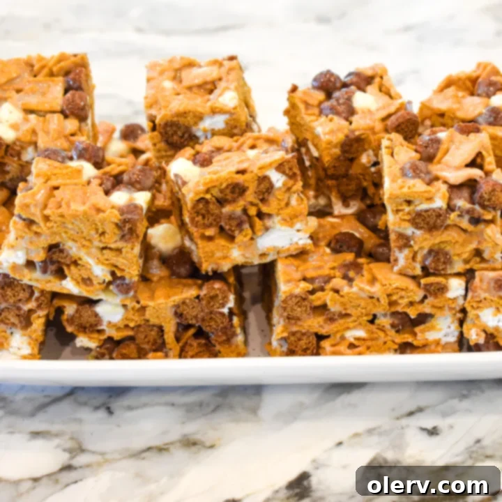 S'mores Cereal Bars 2 Delicious S'mores Cereal Bars arranged on a plate, showcasing their gooey marshmallow and crunchy cereal texture.
