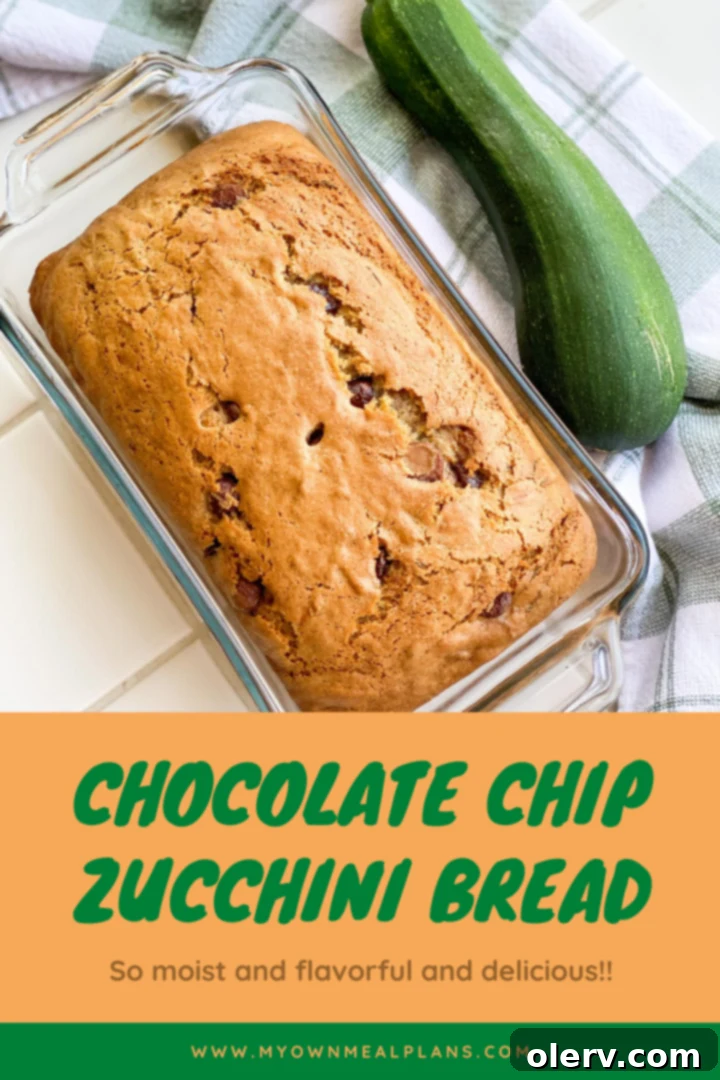 A tall, beautifully baked chocolate chip zucchini bread, ready to be sliced and enjoyed, with the recipe's title.