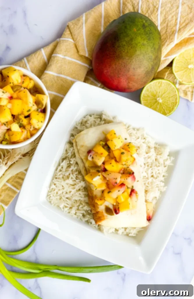 Flaky Air Fryer Halibut with Zesty Mango Salsa 4 Raw halibut fillets seasoned with spices, ready for the air fryer.