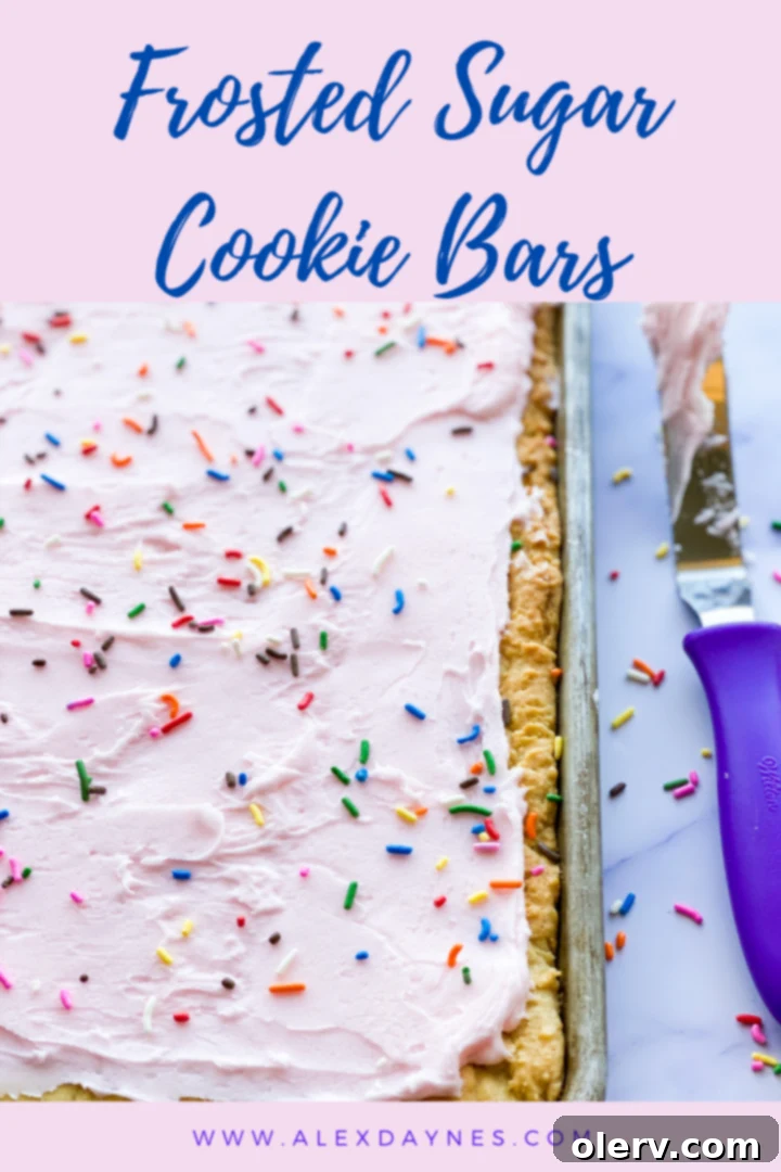 Pinterest pin graphic for Frosted Sugar Cookie Bars, showing a stack of the cookies with pink frosting and sprinkles.