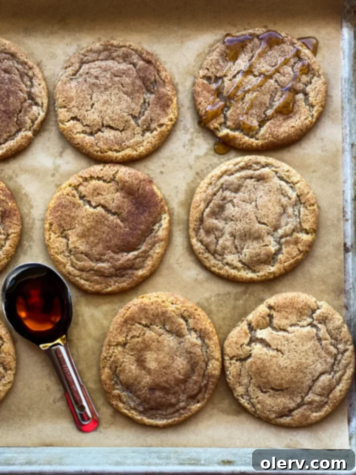 Comforting Maple Snickerdoodles 8 A large close-up image of two perfectly baked Maple Snickerdoodles.