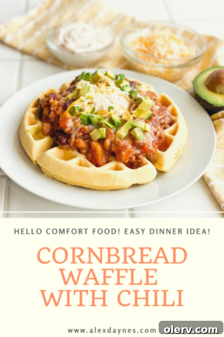 Pinterest graphic for Savory Cornbread Waffles with Chili