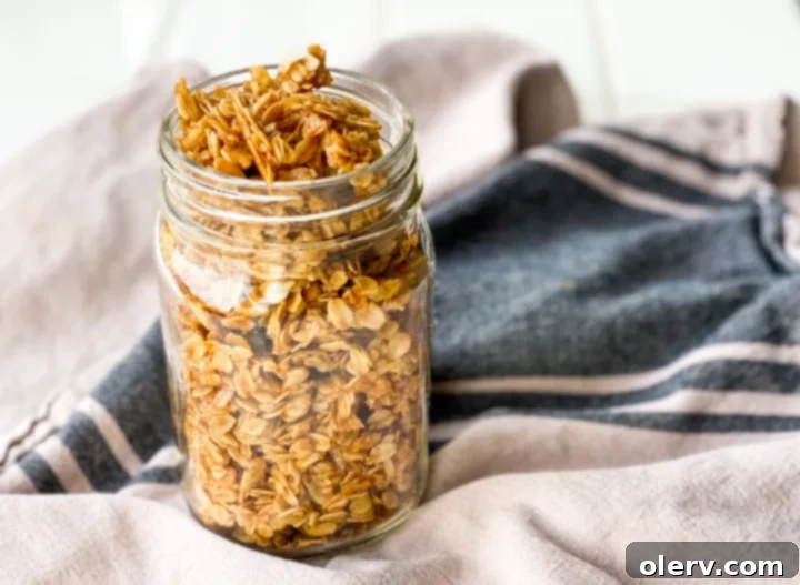 Effortless Vanilla Granola 2 Close-up of golden homemade vanilla granola in a bowl, showcasing its crunchy texture.