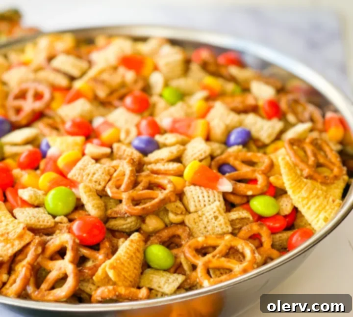 Monster Munch 7 Homemade Halloween Chex Mix in a bowl, ready to serve