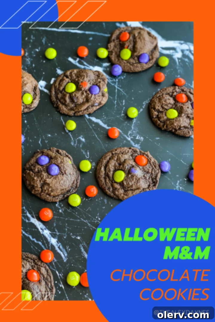 Pinterest graphic for Halloween M&M Chocolate Cookies