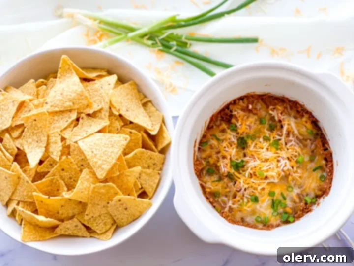 Effortless Slow Cooker Bean Dip 4 A serving of slow cooker bean dip in a small white bowl, garnished with green onions and surrounded by crispy tortilla chips.