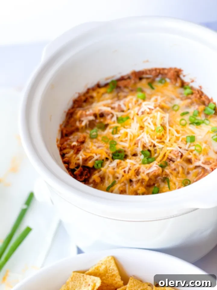 Effortless Slow Cooker Bean Dip 5 A full slow cooker of bean dip, garnished with green onions and ready for a party.