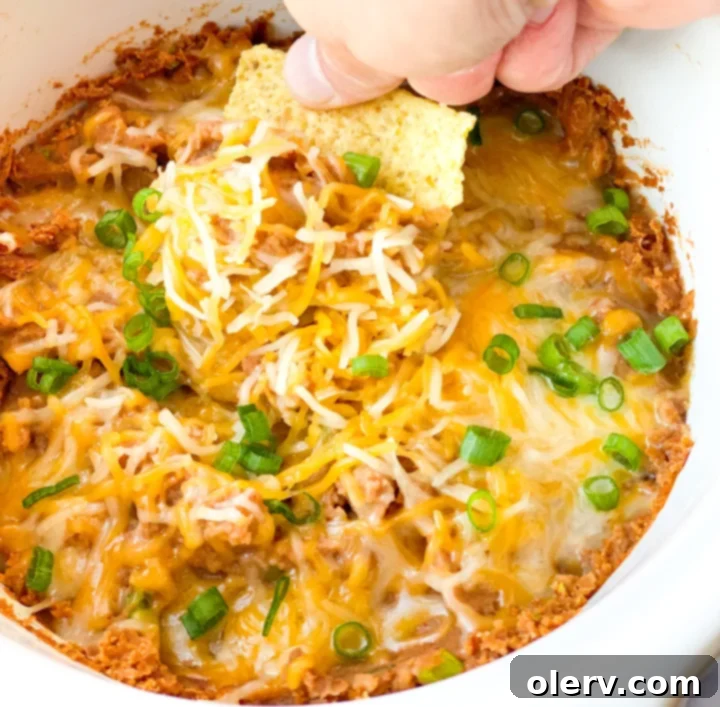 Effortless Slow Cooker Bean Dip 6 Close-up of a serving of slow cooker bean dip in a bowl, with a spoon for serving, emphasizing its creamy and cheesy texture.