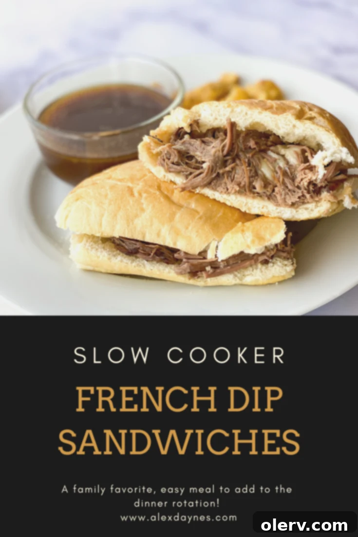 Pin this Slow Cooker French Dip Sandwiches recipe to your dinner board on Pinterest to save for later.