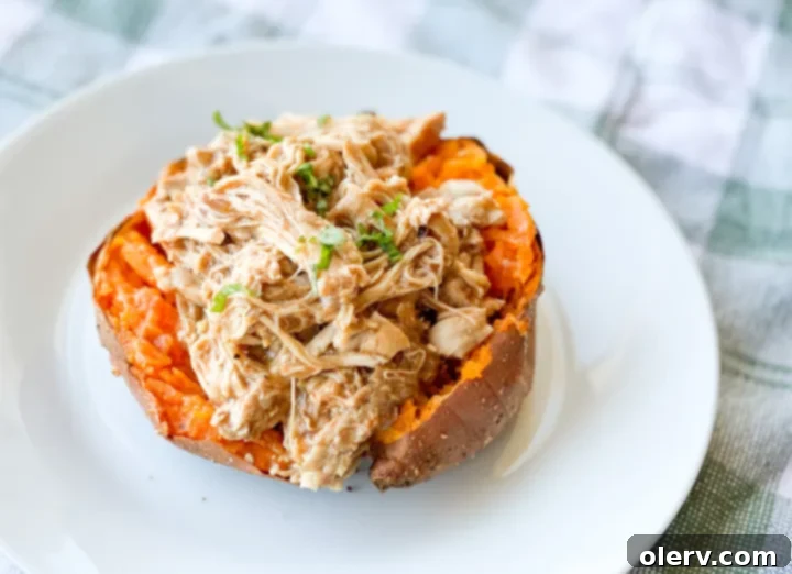 A delicious and healthy BBQ Chicken Stuffed Sweet Potato, emphasizing the healthy aspect of the meal.