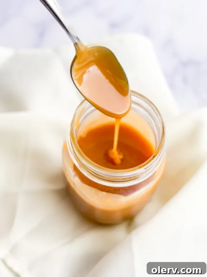 Irresistible Homemade Salted Caramel 2 Delicious homemade salted caramel sauce drizzled over dessert.