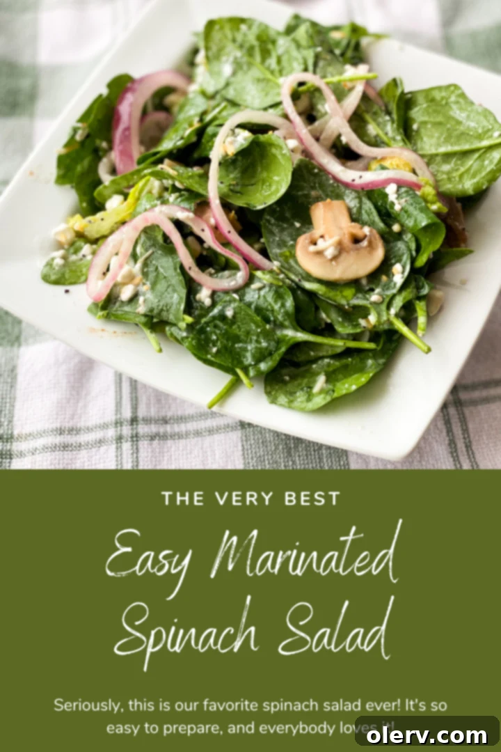 Another Pinterest graphic for 'The Very Best' Easy Marinated Spinach Salad, perfect for saving.