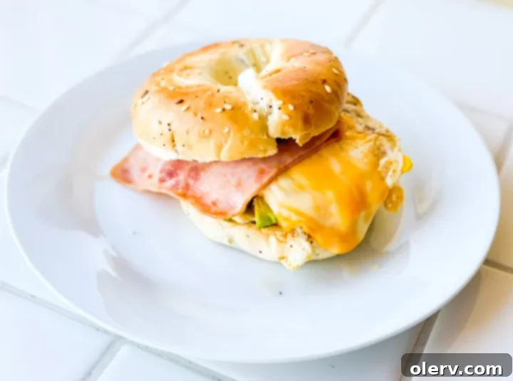 Ham, Egg, and Cheese Bagel Sandwich 5 Ingredients for a bagel breakfast sandwich, including an everything bagel, egg, ham, cheese, avocado, and Laughing Cow cheese.