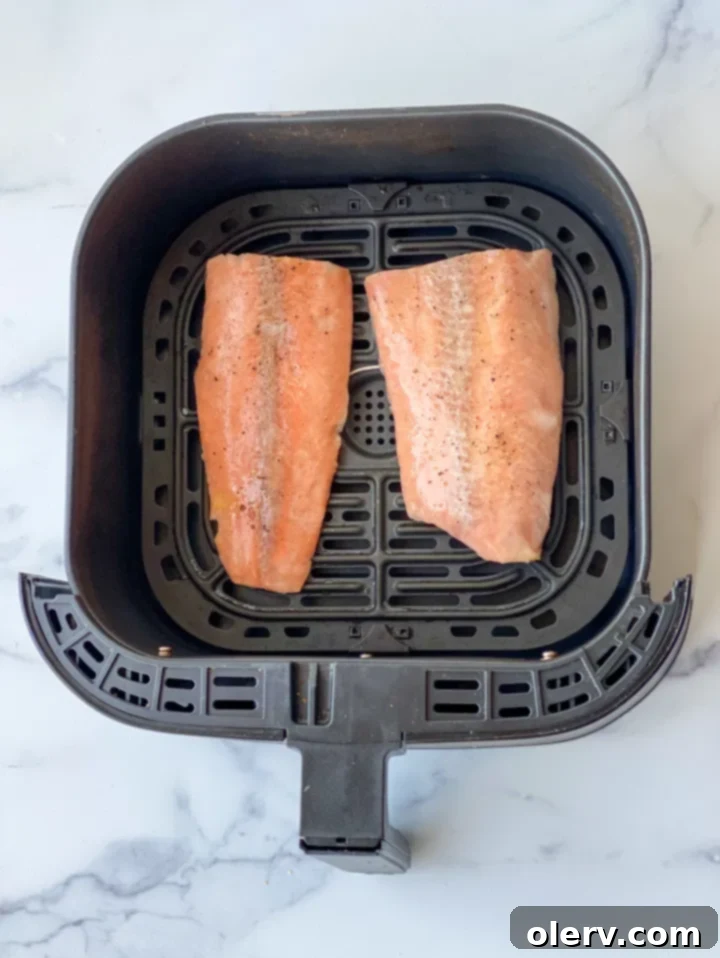 Easy Air Fryer Salmon and Veggies 4 Fresh raw salmon fillet, seasoned and ready for the air fryer