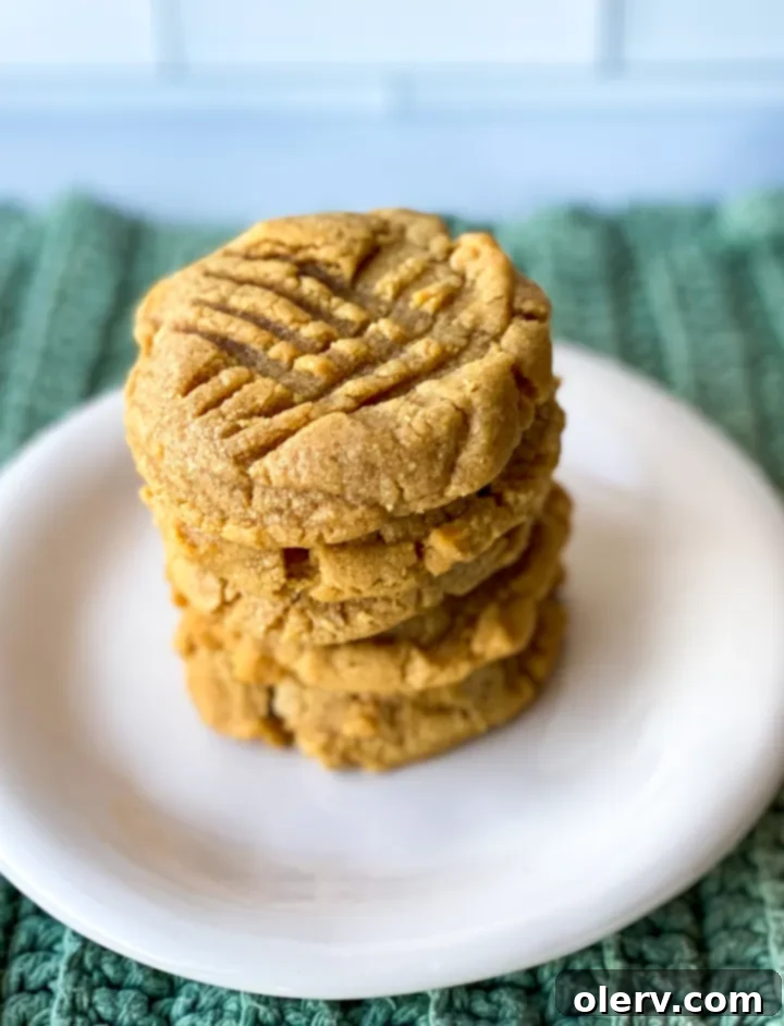 Effortless Three Ingredient Peanut Butter Cookies 5 Raw 3-ingredient peanut butter cookie dough balls with fork marks on parchment paper, ready for baking.